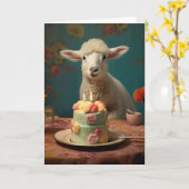 Carte Agneau / Mouton avec gâteau d'anniversaire (Fleur jaune)