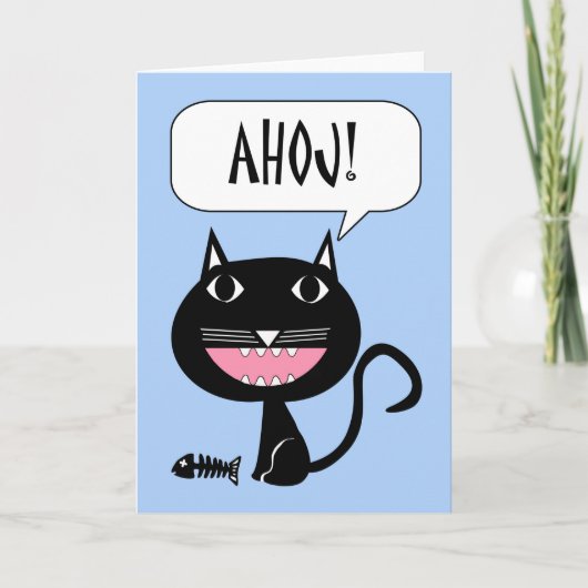Carte Ahoj ! Bonjour en tchèque, Chat noir avec os de po (Devant)