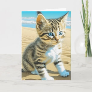 Carte AI Grey Tabby Kitten Jouer sur une plage