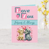 Carte Aimez-vous pour toujours mignon chiens rose vert V (Fleur jaune)