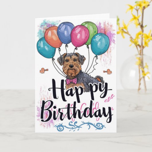 Carte Airedale avec ballons Anniversaire (Fleur jaune)