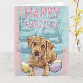 Carte Airedale chiot Joyeuses Pâques (Fleur jaune)