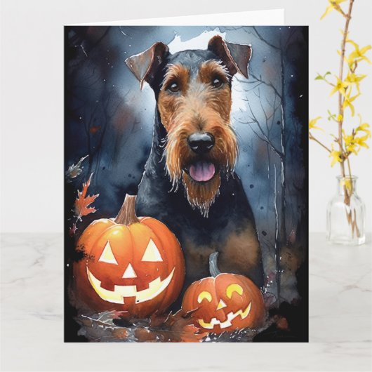 Carte Airedale d'Halloween avec citrouilles effrayantes (Fleur jaune)