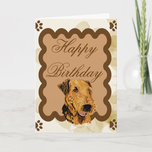 Carte Airedale Terrier ~ Anniversaire Tan Feuilles (Devant)