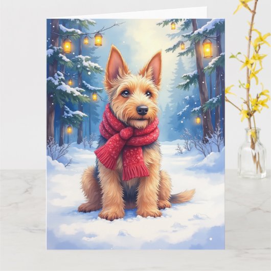 Carte Airedale Terrier aquarelle Noël enneigé (Fleur jaune)