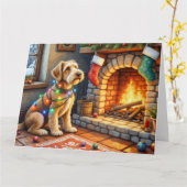 Carte Airedale Terrier Fireplace Christmas Lights (Fleur jaune)