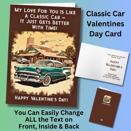 Carte Ajouter des noms, Green Classic Car Valentines Day