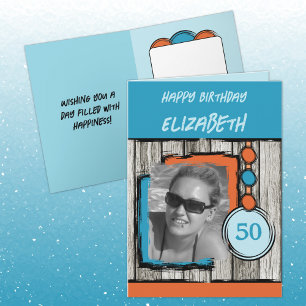 Carte Ajouter le nom de la photo bleu orange 50e anniver