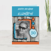 Carte Ajouter le nom de la photo bleu orange 50e anniver (Devant)