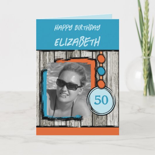 Carte Ajouter le nom de la photo bleu orange 50e anniver (Devant)