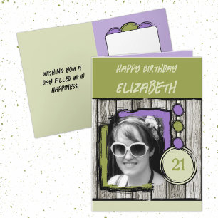 Carte Ajouter le nom de la photo violet vert 21e anniver
