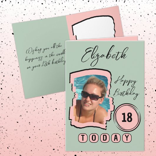 Carte Ajouter le nom photo rose vert 18e anniversaire