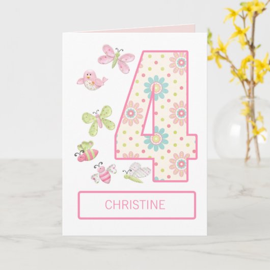 Carte Ajouter un nom, 4e anniversaire avec des insectes  (Fleur jaune)