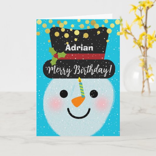 Carte Ajouter un nom Joyeux Anniversaire mignon Snowman (Fleur jaune)