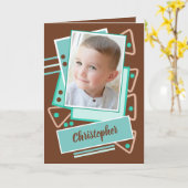 Carte Ajouter un nom photo brun menthe petit garçon anni (Fleur jaune)