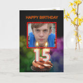 Carte Ajouter une photo, 15e anniversaire avec gâteau et (Fleur jaune)