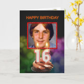Carte Ajouter une photo, 16ème anniversaire avec gâteau  (Fleur jaune)
