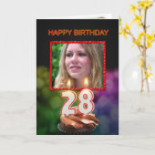 Carte Ajouter une photo, 28ème anniversaire avec gâteau  (Fleur jaune)