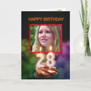 Carte Ajouter une photo, 28ème anniversaire avec gâteau