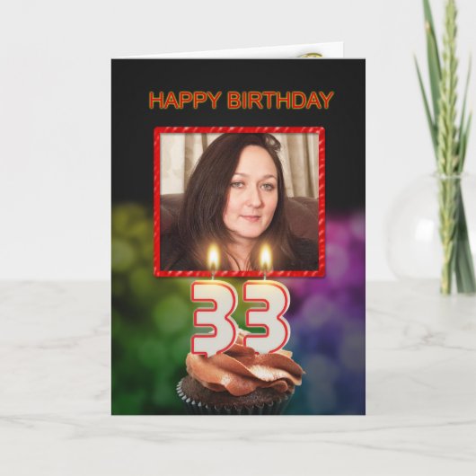 Carte Ajouter une photo, 33ème anniversaire avec gâteau  (Devant)