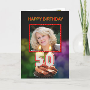 Carte Ajoutez une photo, 50e anniversaire avec gâteau et