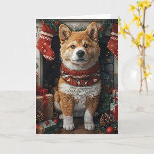 Carte Akita Américain avec des cadeaux de Noël Cheminée