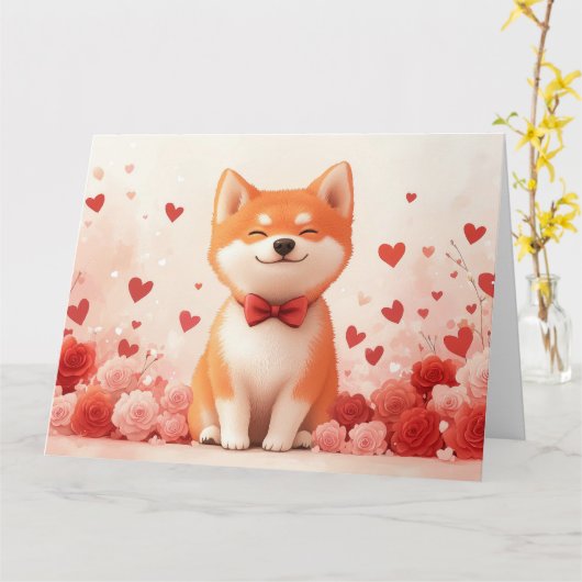 Carte Akita avec des roses - Saint-Valentin (Fleur jaune)