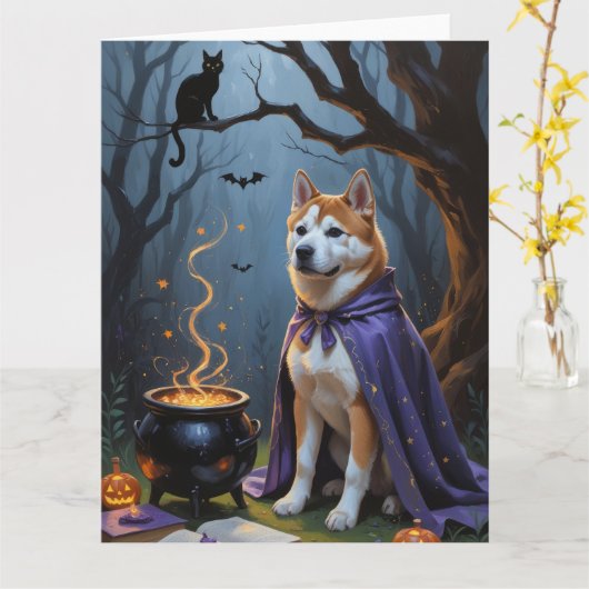 Carte Akita Chien Whimsical Halloween peinture (Fleur jaune)