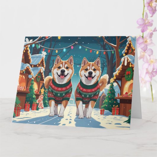 Carte Akita Chiens Noël Fête de la neige (Orchidée)