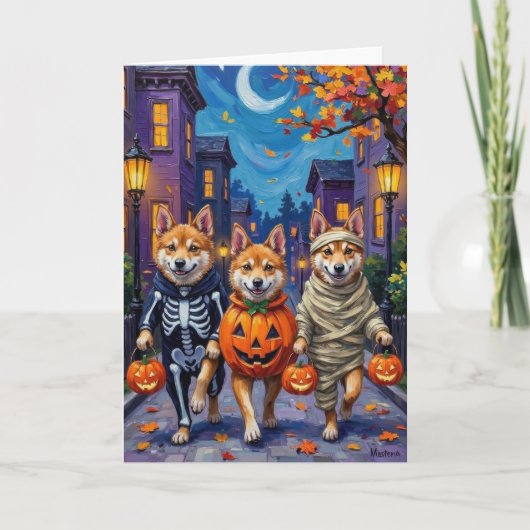 Carte Akita Chiens Trick-or-Treating en costumes d'Hallo (Devant)