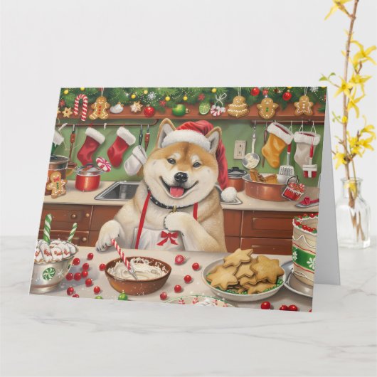 Carte Akita Gâteau de Noël Festif (Fleur jaune)