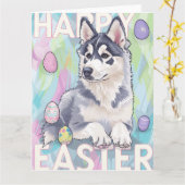 Carte Alaskan Malamute Joyeuses Pâques (Fleur jaune)