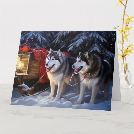 Carte Alaskien Malamute Snowy Sleigh Ride Noël (Fleur jaune)