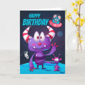 Carte Alien pourpre avec vaisseau spatial pour un joyeux (Fleur jaune)