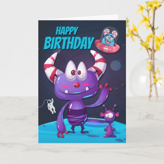 Carte Alien pourpre avec vaisseau spatial pour un joyeux (Fleur jaune)