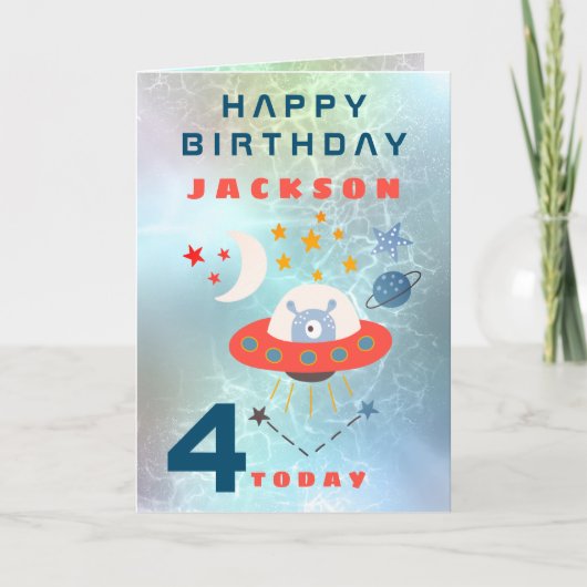 Carte Alien Stage Âge 4 Espace Turquoise Anniversaire (Devant)