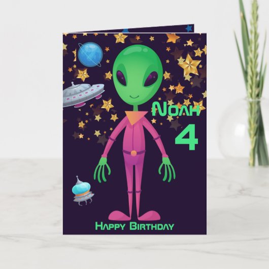 Carte Alien vert OVNI Ajouter un nom Age Anniversaire Ca (Devant)