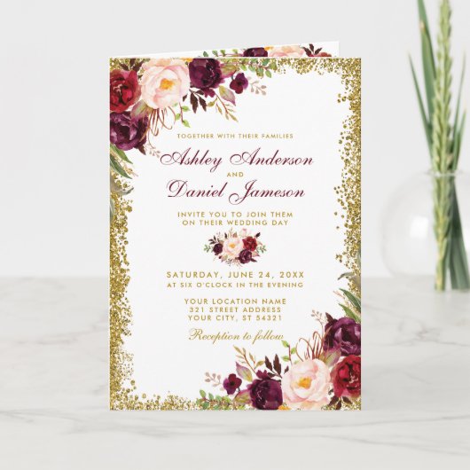 Carte All In One Burgundy Floral Parties scintillant Mar (Devant)