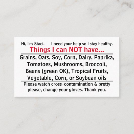 Carte Allergène (Devant)