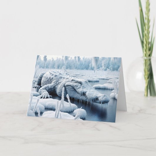 Carte Alligator D'Anniversaire Dans Un Marécage De Neige (Devant)