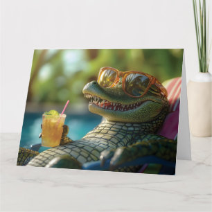 Carte Alligator profitant d'un cocktail au bord de la pi