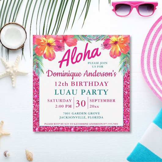 Carte Aloha Luau Parties scintillant rose Carré Hibiscus