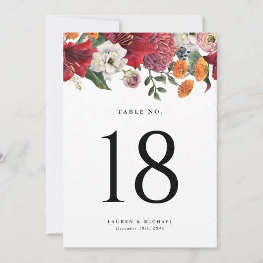 Carte Amaryllis and Mums Botanical Mariage Numéro de tab (Dos)