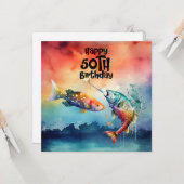 Carte Amateurs de pêche 50e anniversaire Poisson aquarel (Devant/Arrière en situation)