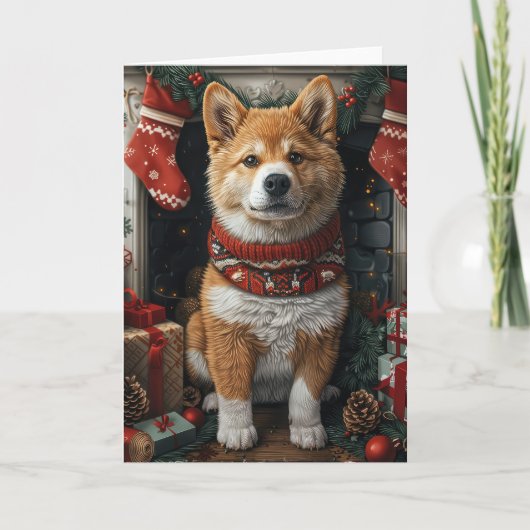 Carte American Akita Avec Cheminée Cadeaux De Noël (Devant)
