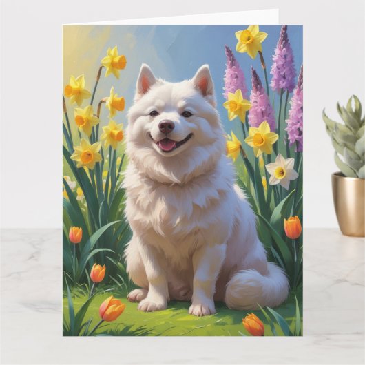 Carte American Eskimo Chien Fleurs de printemps Peinture (Petite plante)