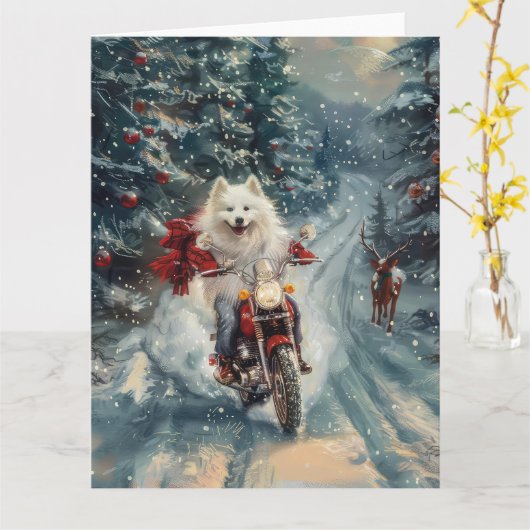 Carte American Eskimo Dog équitation moto Noël (Fleur jaune)
