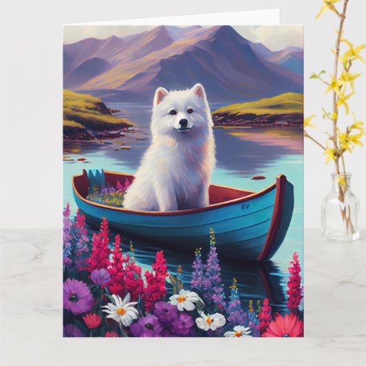 Carte American Eskimo Dog on Paddle : Une aventure Pitto (Fleur jaune)
