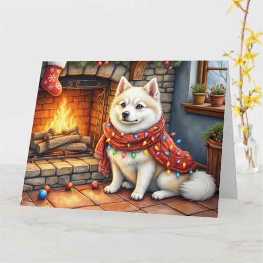 Carte American Eskimo Fireplace with Christmas Lights (Fleur jaune)