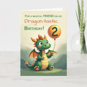 Carte Ami 2e anniversaire mignon Dragon tenant le ballon
